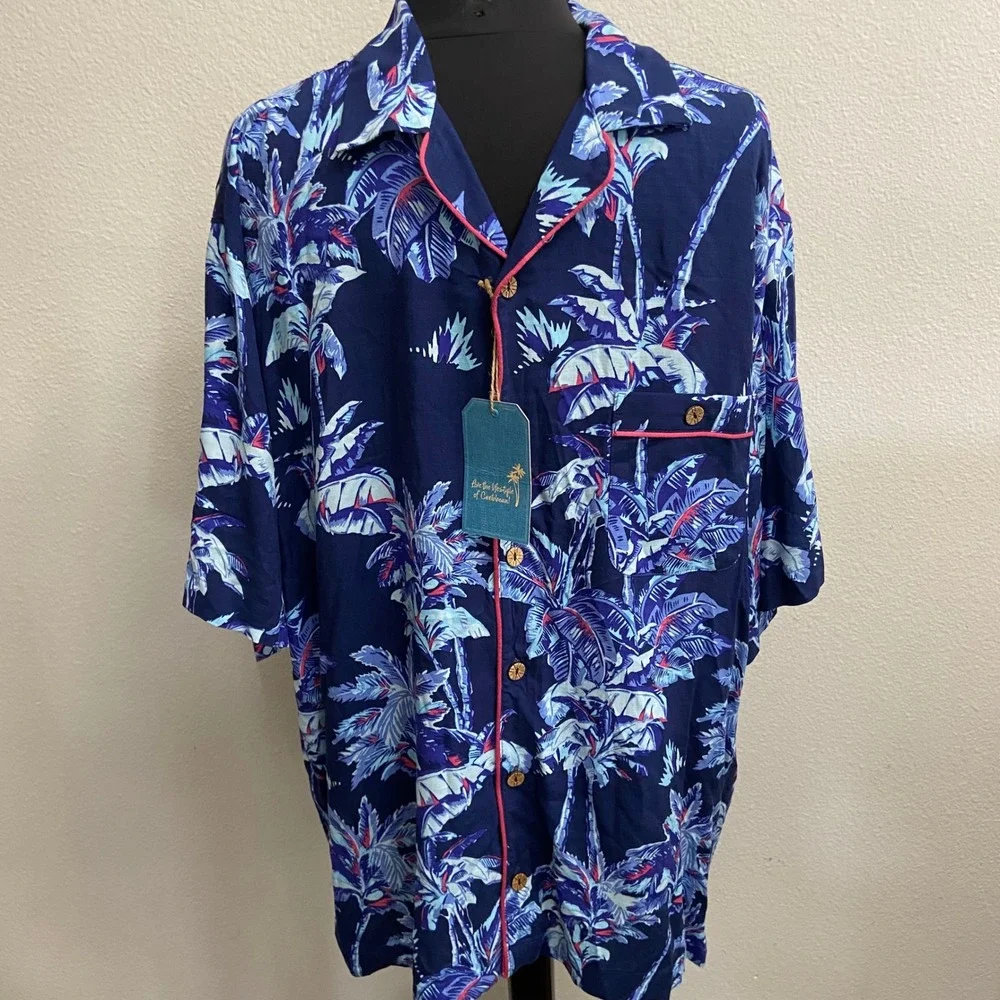 Caribbean Mens Large Tropical Palm Tree‎ Pajama Hawaiian Blue Button Up New